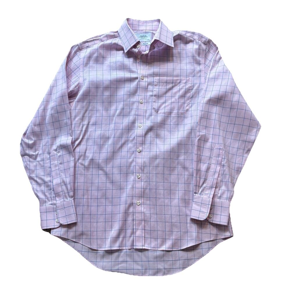 Charles Tyrwhitt Pink Blue Windowpane Non Iron Cotton Dress Shirt Large